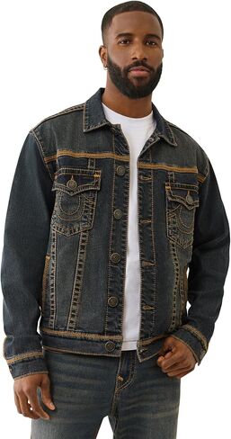 True Religion Men's Super T Flatlock Trucker Jacket – Contrast Stitch Denim Jacket with Logo in Saudi Arabia