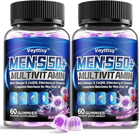 علكة فيتامينات متعددة خالية من السكر للرجال 50 بلس - فيتامينات ميثيلية متعددة مع أوميغا 3، مرافق الإنزيم Q10، البلسان والكركم للطاقة والمناعة والأمعاء والدعم الصحي - نباتي، غير معدّل وراثيًا، خالي من الغلوتين in Kuwait