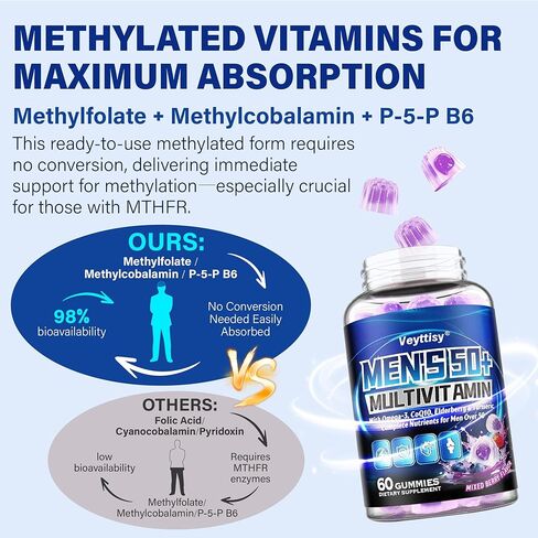 علكة فيتامينات متعددة خالية من السكر للرجال 50 بلس - فيتامينات ميثيلية متعددة مع أوميغا 3، مرافق الإنزيم Q10، البلسان والكركم للطاقة والمناعة والأمعاء والدعم الصحي - نباتي، غير معدّل وراثيًا، خالي من الغلوتين in Kuwait
