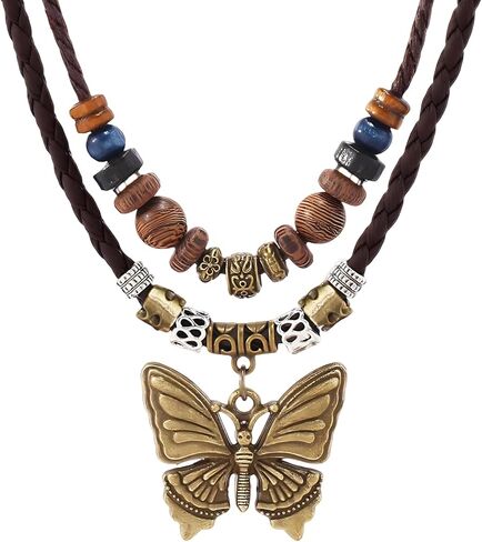 Boho Necklace for Women,Vintage Butterfly Pendant Necklaces,Adjustable Wooden Beads Layered Braided Choker,Fashion Tribal Style Leather Rope Necklace Jewelry,Chunky Statement Gift for Women in Saudi Arabia