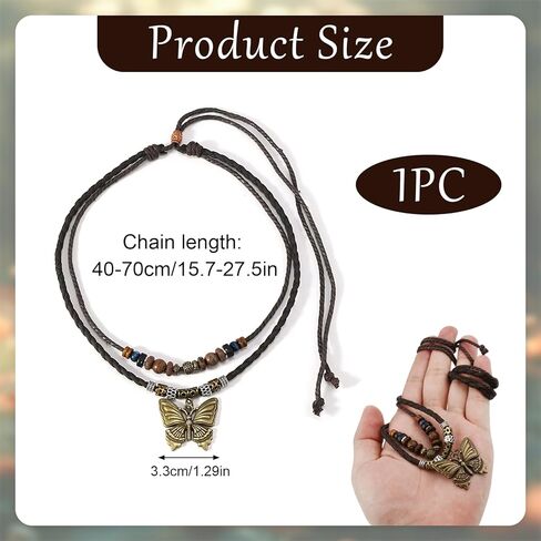 Boho Necklace for Women,Vintage Butterfly Pendant Necklaces,Adjustable Wooden Beads Layered Braided Choker,Fashion Tribal Style Leather Rope Necklace Jewelry,Chunky Statement Gift for Women in Saudi Arabia