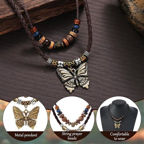 Boho Necklace for Women,Vintage Butterfly Pendant Necklaces,Adjustable Wooden Beads Layered Braided Choker,Fashion Tribal Style Leather Rope Necklace Jewelry,Chunky Statement Gift for Women in Saudi Arabia