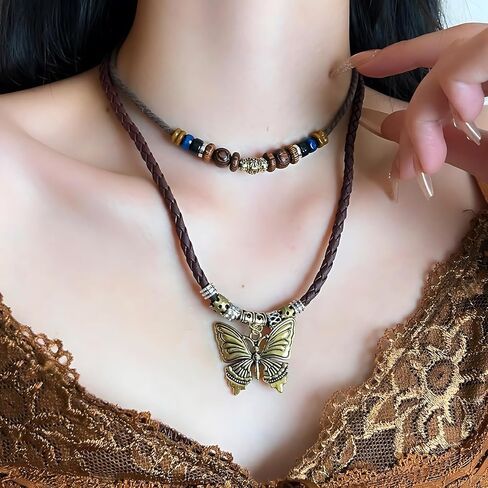 Boho Necklace for Women,Vintage Butterfly Pendant Necklaces,Adjustable Wooden Beads Layered Braided Choker,Fashion Tribal Style Leather Rope Necklace Jewelry,Chunky Statement Gift for Women in Saudi Arabia