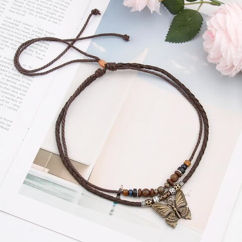Boho Necklace for Women,Vintage Butterfly Pendant Necklaces,Adjustable Wooden Beads Layered Braided Choker,Fashion Tribal Style Leather Rope Necklace Jewelry,Chunky Statement Gift for Women in Saudi Arabia