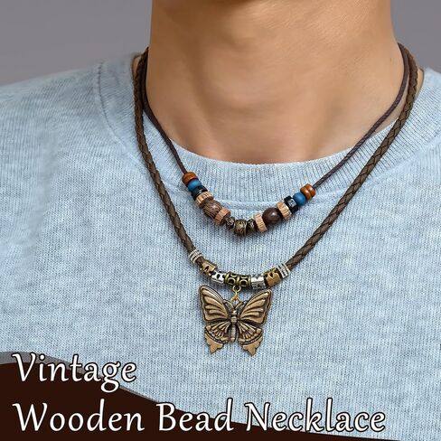 Boho Necklace for Women,Vintage Butterfly Pendant Necklaces,Adjustable Wooden Beads Layered Braided Choker,Fashion Tribal Style Leather Rope Necklace Jewelry,Chunky Statement Gift for Women in Saudi Arabia