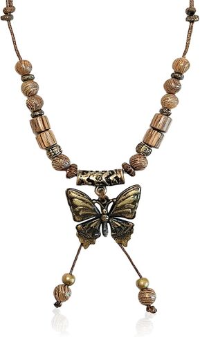 Boho Necklace for Women,Vintage Butterfly Pendant Necklaces,Adjustable Wooden Beads Layered Braided Choker,Fashion Tribal Style Leather Rope Necklace Jewelry,Chunky Statement Gift for Women in Saudi Arabia