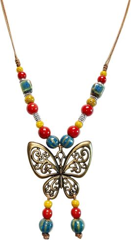 Boho Necklace for Women,Vintage Butterfly Pendant Necklaces,Adjustable Wooden Beads Layered Braided Choker,Fashion Tribal Style Leather Rope Necklace Jewelry,Chunky Statement Gift for Women in Saudi Arabia