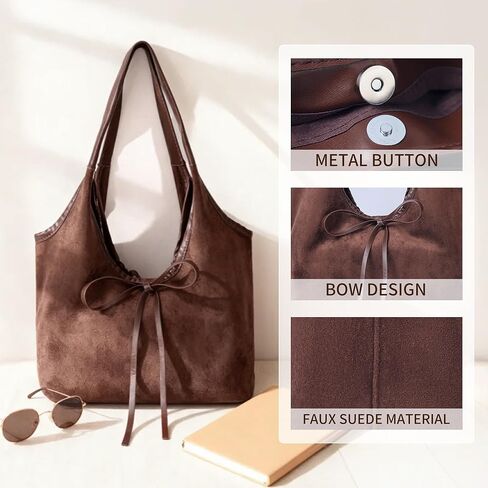 Vintage Suede Bow Tote Bag for Women Girls Slouchy Shoulder Bag Large Capacity Hobo Bag Satchel Purse Underarm Bag in Saudi Arabia
