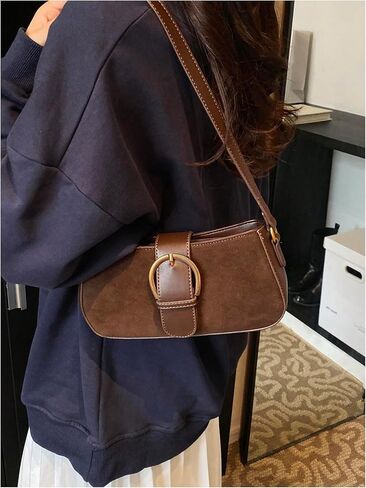 Women's Retro Zipper Suede Shoulder Handbags Top Handle Buckle Underarm Purse in Saudi Arabia