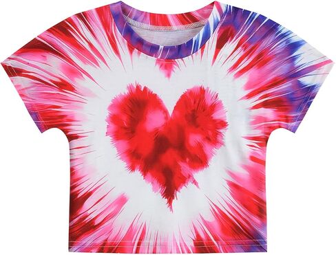 Girls Valentine's Crop Tops Heart Shirt Short Sleeve Tie Dye Heart Tshirts for Girl 6-14 Years in Saudi Arabia