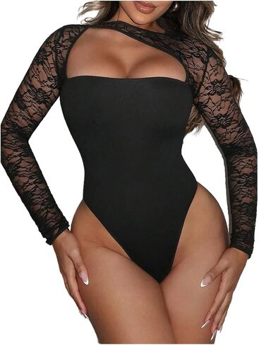 Milumia Women's Sexy Cut Out Lace Bodysuit Asymmetrical Long Sleeve Going Out Rave Leotard Tops in Saudi Arabia