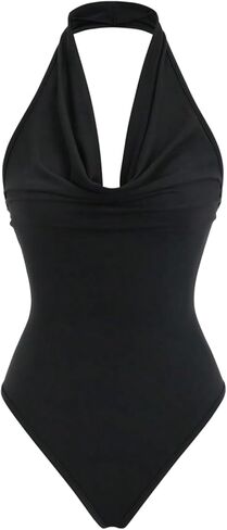 GORGLITTER Women's Sexy Halter Backless Cowl Neck Top Bodysuit Slim Fit Sleeveless Draped Top Party Clubwear in Saudi Arabia