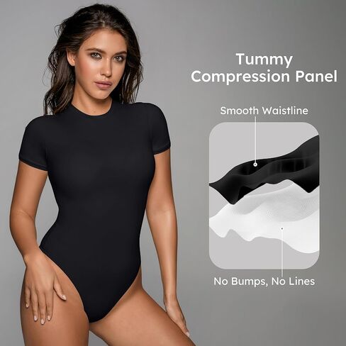 Black Short Sleeve Bodysuit for Women - Womens Body Suits Top for Tummy Control - White Crew Neck Bodysuits Tops in Saudi Arabia