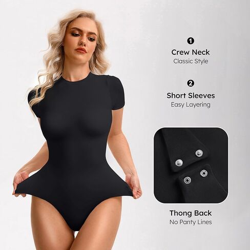 Black Short Sleeve Bodysuit for Women - Womens Body Suits Top for Tummy Control - White Crew Neck Bodysuits Tops in Saudi Arabia