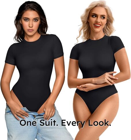 Black Short Sleeve Bodysuit for Women - Womens Body Suits Top for Tummy Control - White Crew Neck Bodysuits Tops in Saudi Arabia
