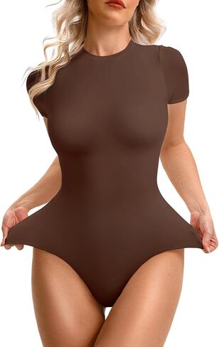 Black Short Sleeve Bodysuit for Women - Womens Body Suits Top for Tummy Control - White Crew Neck Bodysuits Tops in Saudi Arabia