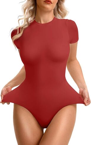 Black Short Sleeve Bodysuit for Women - Womens Body Suits Top for Tummy Control - White Crew Neck Bodysuits Tops in Saudi Arabia