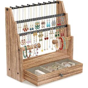 EsLuker.ly حامل القرط المنظم شجرة عرض القلادة، رف تخزين المجوهرات ذو سعة كبيرة للنساء، حامل برج حلق من الخشب الريفي 5 طبقات مع 260 فتحة و20 خطافًا لبيع البائعين in Kuwait