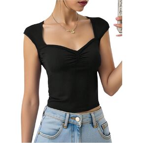 OYOANGLE Girl's Sweetheart Neck Cap Sleeve Ruched Tshirts Summer Fitted Y2K Crop Tops in Saudi Arabia