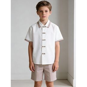 Boys' Short Sleeve Shirt & Shorts Set, Collared Suit Shirt Blouse with Khaki Shorts, 2 Pieces Outfits for 8-12Y in Kuwait