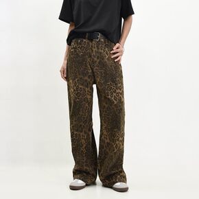 Women's Wide Leg Jeans Tan Leopard Straight Jeans Cheetah Print Pants Mid Waist Denim Pants Microelastic Trousers for Men (Small) in Kuwait