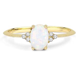 خاتم تكديس ألماس أوبال طبيعي من الذهب عيار 14 قيراط - خاتم وعد هالة جوهرة ميلاد أكتوبر - أوبال قطع بيضاوي أصلي مع 6 ماسات in Kuwait