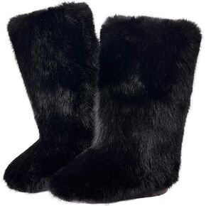 أحذية من الفرو الصناعي للنساء، أحذية طويلة للثلج من الفرو للركبة، أحذية شتوية طويلة مريحة ومريحة، بني داكن وأسود طويل مبطنة بالفراء in Kuwait