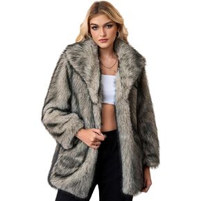 معاطف نسائية من الفرو الصناعي متوسطة الطول وأكمام طويلة ملابس شتوية منفوشة مع جيوب in Kuwait