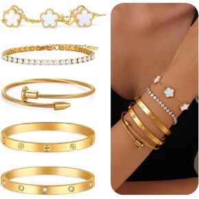 5 Pcs Love Bangle Gold Clover Bracelets Set for Women, 316L Stainless Steel with Mirror Polish & 18K PVD Coating, Hypoallergenic & Sweat-Resistant, Perfect for Weddings Christmas Gifts in Saudi Arabia