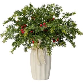 40PCS Christmas Artificial Pine Branches Frosted Berry Stems Fake Evergreen Norfolk Cypress Sprigs Holly Berries Winter Greenery Picks for Vase Filler DIY Craft Garland Home Decor (Green & Red) in Kuwait