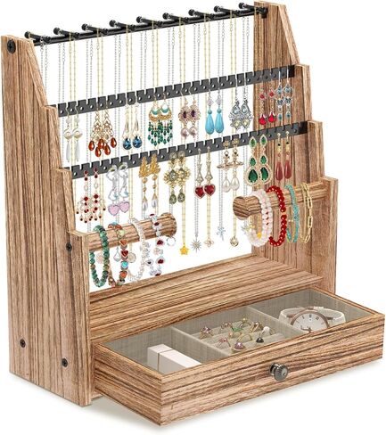 EsLuker.ly حامل القرط المنظم شجرة عرض القلادة، رف تخزين المجوهرات ذو سعة كبيرة للنساء، حامل برج حلق من الخشب الريفي 5 طبقات مع 260 فتحة و20 خطافًا لبيع البائعين in Kuwait