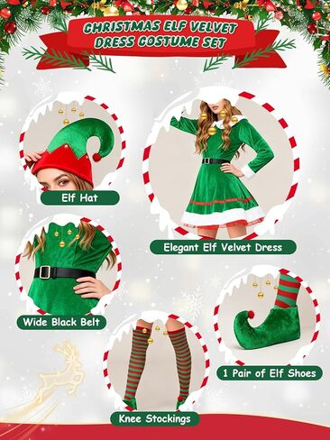 KASBAH 5 Pack Christmas Elf Costume Set Holiday Elf Cosplay Velvet Dress Xmas Outfit For Party With Hat Shoes Strap Socks in Saudi Arabia