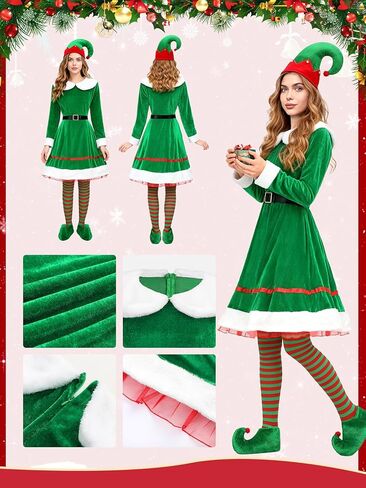 KASBAH 5 Pack Christmas Elf Costume Set Holiday Elf Cosplay Velvet Dress Xmas Outfit For Party With Hat Shoes Strap Socks in Saudi Arabia
