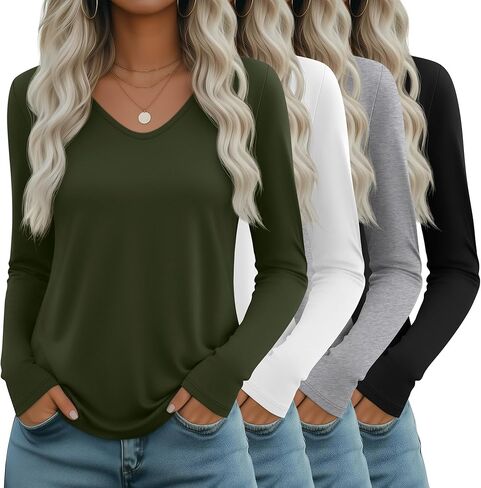 Neer 4 Pack Women's Long Sleeve T Shirts V Neck Tops Casual Loose Fit Tunic Tops Trendy Basic Tees Fall Clothes in Saudi Arabia
