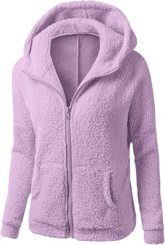 Fuzzy Fleece Jacket Women with Hood Pockets Sherpa Soft Warm Winter Jackets Zip Up Lightweight Comfort Causal Hoodies Coats in Saudi Arabia