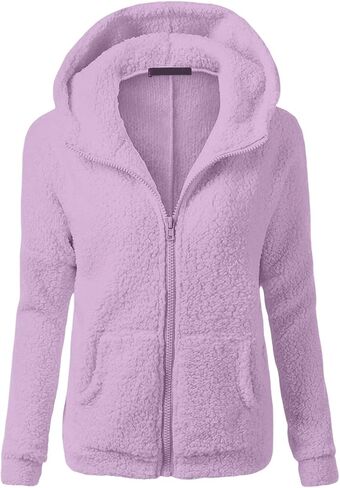 Fuzzy Fleece Jacket Women with Hood Pockets Sherpa Soft Warm Winter Jackets Zip Up Lightweight Comfort Causal Hoodies Coats in Saudi Arabia