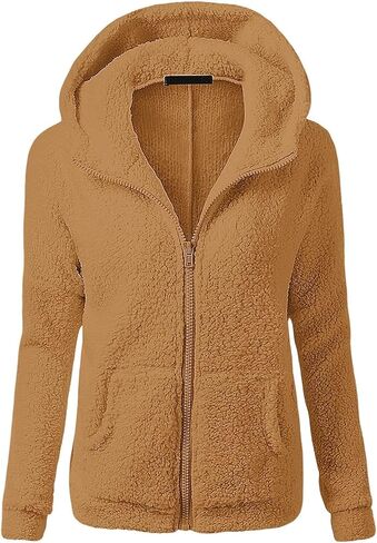 Fuzzy Fleece Jacket Women with Hood Pockets Sherpa Soft Warm Winter Jackets Zip Up Lightweight Comfort Causal Hoodies Coats in Saudi Arabia