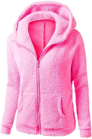 Fuzzy Fleece Jacket Women with Hood Pockets Sherpa Soft Warm Winter Jackets Zip Up Lightweight Comfort Causal Hoodies Coats in Saudi Arabia