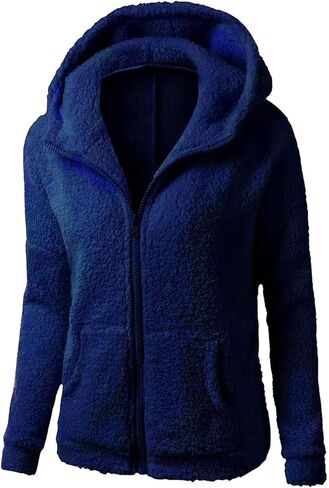 Fuzzy Fleece Jacket Women with Hood Pockets Sherpa Soft Warm Winter Jackets Zip Up Lightweight Comfort Causal Hoodies Coats in Saudi Arabia