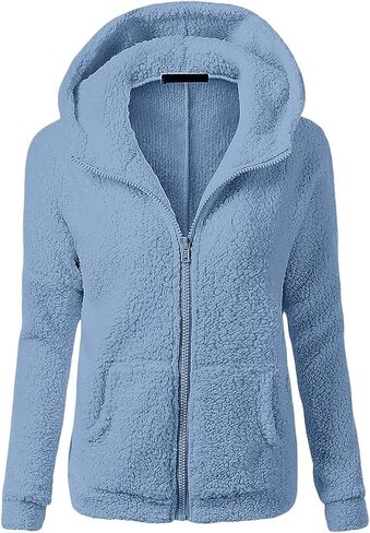 Fuzzy Fleece Jacket Women with Hood Pockets Sherpa Soft Warm Winter Jackets Zip Up Lightweight Comfort Causal Hoodies Coats in Saudi Arabia