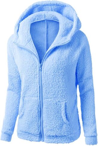 Fuzzy Fleece Jacket Women with Hood Pockets Sherpa Soft Warm Winter Jackets Zip Up Lightweight Comfort Causal Hoodies Coats in Saudi Arabia