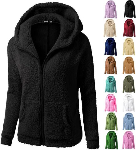Fuzzy Fleece Jacket Women with Hood Pockets Sherpa Soft Warm Winter Jackets Zip Up Lightweight Comfort Causal Hoodies Coats in Saudi Arabia