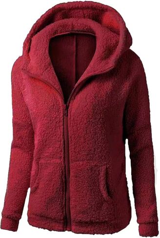 Fuzzy Fleece Jacket Women with Hood Pockets Sherpa Soft Warm Winter Jackets Zip Up Lightweight Comfort Causal Hoodies Coats in Saudi Arabia