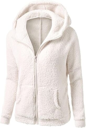 Fuzzy Fleece Jacket Women with Hood Pockets Sherpa Soft Warm Winter Jackets Zip Up Lightweight Comfort Causal Hoodies Coats in Saudi Arabia