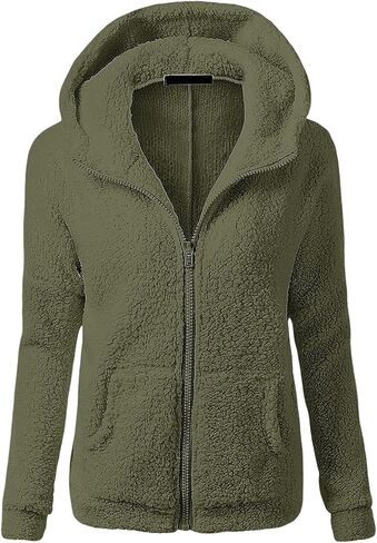 Fuzzy Fleece Jacket Women with Hood Pockets Sherpa Soft Warm Winter Jackets Zip Up Lightweight Comfort Causal Hoodies Coats in Saudi Arabia