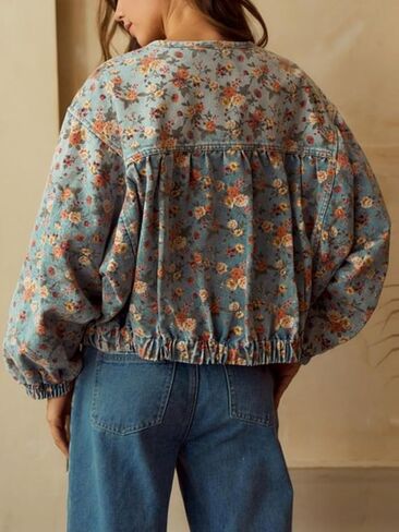 Womens Fall Denim Jacket 2025 Casual Zip Up Oversized Crew Neck Long Sleeve Loose Fit Jean Bomber Jacket in Saudi Arabia