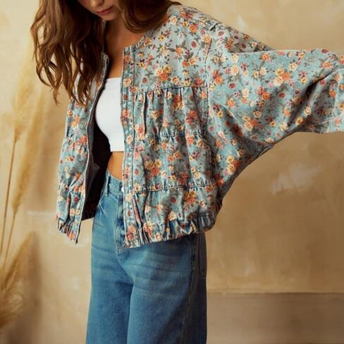 Womens Fall Denim Jacket 2025 Casual Zip Up Oversized Crew Neck Long Sleeve Loose Fit Jean Bomber Jacket in Saudi Arabia