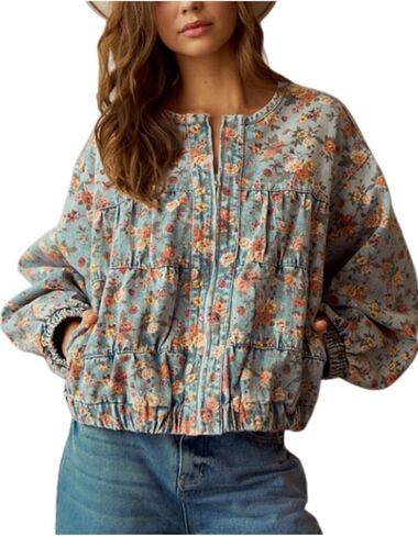 Womens Fall Denim Jacket 2025 Casual Zip Up Oversized Crew Neck Long Sleeve Loose Fit Jean Bomber Jacket in Saudi Arabia