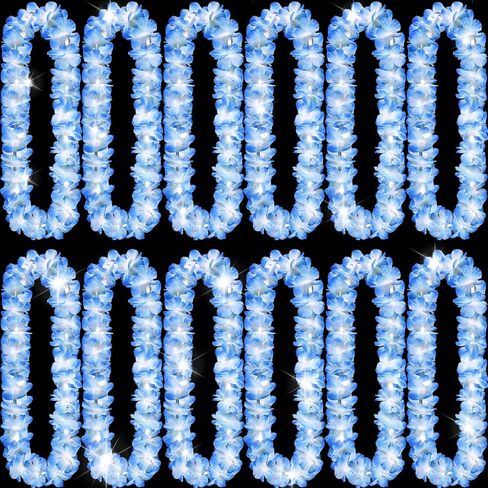 Sherr 12 Pcs White Light Up Hawaiian Leis LED Flower Leis Necklace Flower with LED Lights Luau Leis Flowers Necklaces for Wedding Masquerade Beach Tropical Halloween Christmas Party Supplies in Kuwait