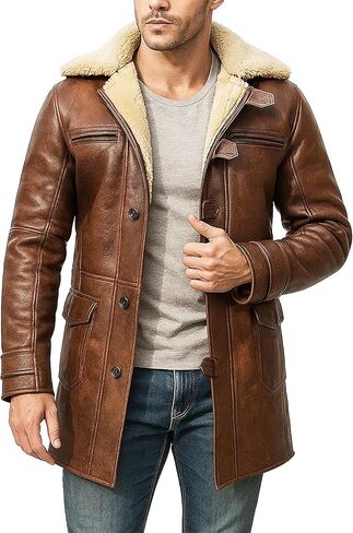 SpazeUp Mens Shearling Coat Brown Leather Trench Coat Faux Leather Tactical Vest Jacket Halloween Cosplay Costume in Saudi Arabia